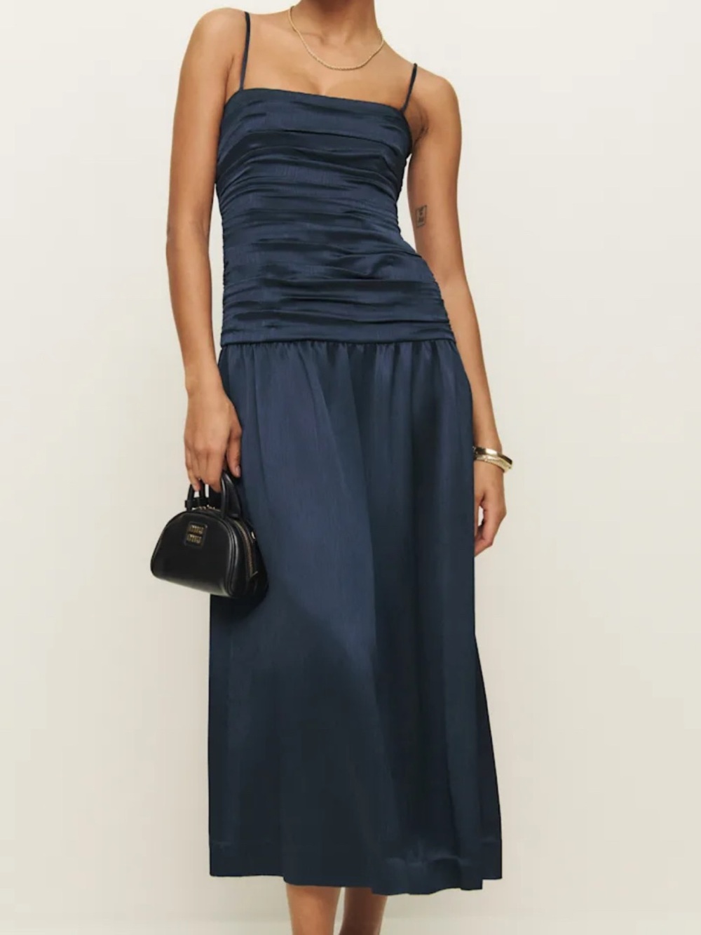 Reformation Navy Blue Ruched Satin Midi Dress